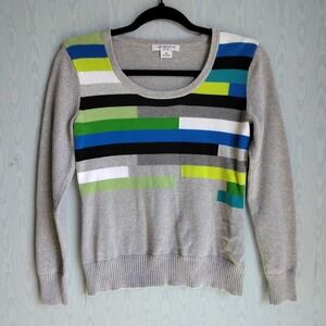 Vintage Y2K Small Petite Liz Claiborne Striped Colorblock Cotton Sweater Preppy